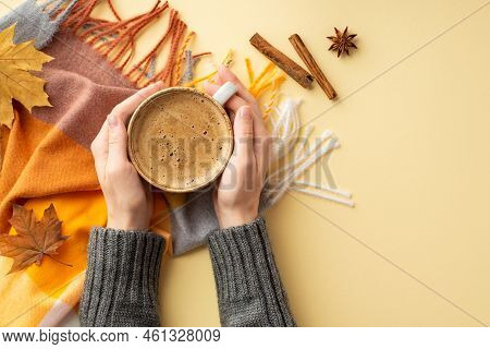 Autumn Mood Concept. First Person Top View Photo Of Woman's Hands In Sweater Holding Cup Of Frothy C
