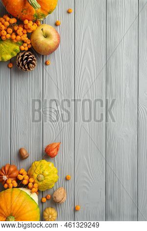 Autumn Harvest Concept. Top View Vertical Photo Of Rowan Berries Raw Vegetables Pumpkins Pattypans A