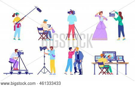 Filming Team. Movie Shooting Staff Professional Filmmaking Process Cinema Tv Production Film Crew, F