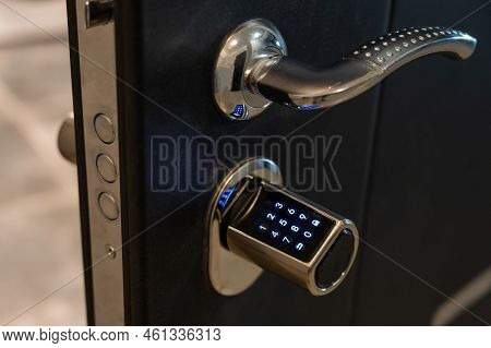 Open Door To The Apartment With A Combination Lock. Keyless Entry.