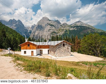 Mountain Cottage Panorama And Croz Of The Altissimo Mountain, Croz Dell'altissimo. Molveno, Region T