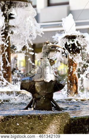 Neustadt An Der Weinstrasse, Germany - August 2022: Sculpture At 'elwedritsche Brunnen' Fountain. El