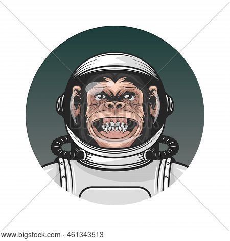 Vector Smiling Chimpanzee Ape With Astronaut Helmet, Suit. Funny Monkey With Cosmonaut Mask For Spac