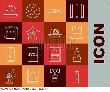 Set Line Firework Rocket, Christmas Tree With Decorations, Merry Ringing Bell, Candy, Star, Sweater,