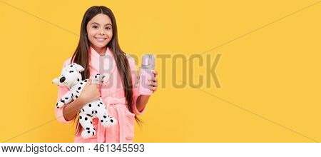 Kid Wear Soft Nightsuit Play With Toy. Child In Cozy Sleepwear. Skin Beauty. Sweet Dreams. Horizonta