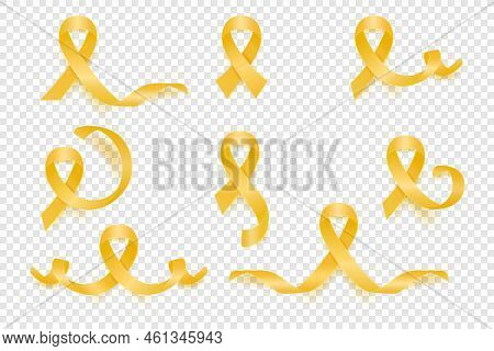 Vector 3d Realistic Yellow Ribbon Set. Sarcoma, Bone Cancer Awareness Symbol Closeup. Cancer Ribbon 