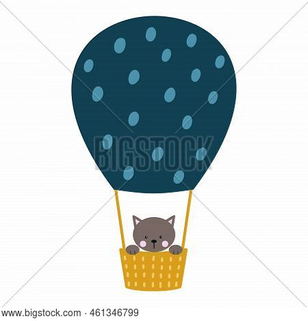 Kitten Flying In Balloon. Vector Doodle Illustration. Postcard For Child.