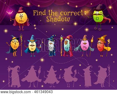 Find Correct Shadow Of Micronutrients Wizard And Mage Characters, Vector Quiz Game. Kids Match Game 