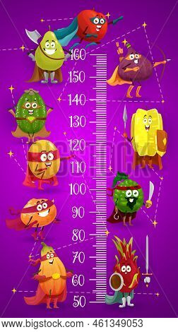 Cartoon Fruits Knight And Superhero Personages, Kids Height Chart Growth Meter. Vector Sticker With 