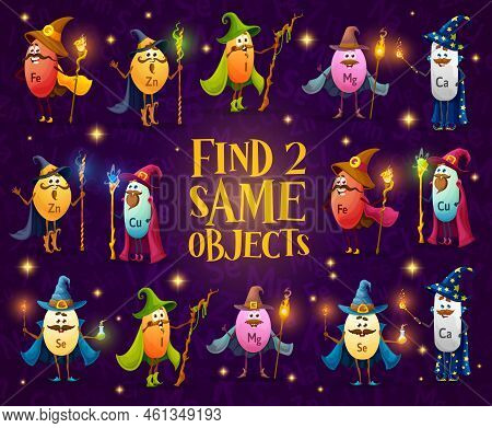 Find Two Same Cartoon Micronutrients, Wizard And Mage Characters, Vector Kids Puzzle Quiz. Riddle Ga