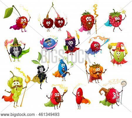 Garden Berry Fruits Funny Wizard, Magician And Witch Characters, Vector Cartoon Peronages. Strawberr