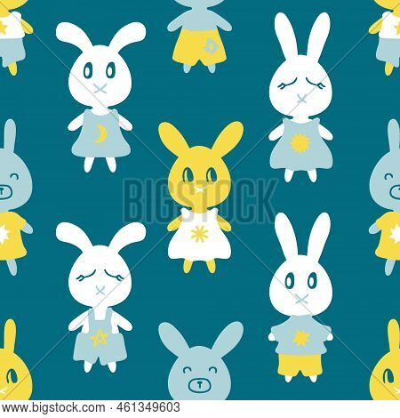 Cute Bunny Seamless Pattern With Stars And Moon. Perfect Childish Print For Tee, Textile And Fabric.