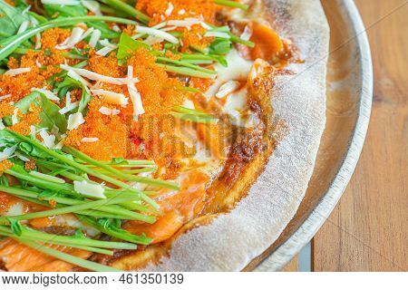 Pizza Salmon And Rocket Consisted Of Tomato Sauce, Mozzarella Cheese, Smoked Salmon, Rocket, Tomato,