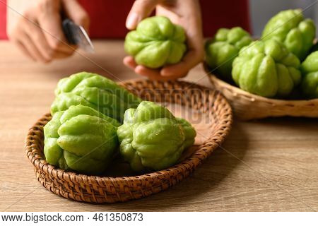 Chayote Squash Fruit In Basket Prepare For Cooking, Organic Vegetables