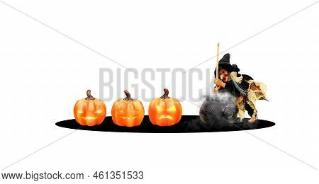 Jack O Lantern Pumpkin And The Witch Is Concocting Poison In A Magic Cauldron, Object Isolated On Wh