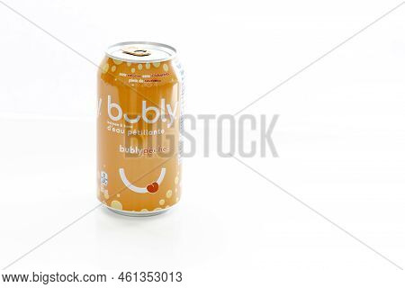 Calgary, Alberta, Canada. Sep 11, 2022. Cans Of Bubly Peach Favor Sparkling Water Of 355 Ml