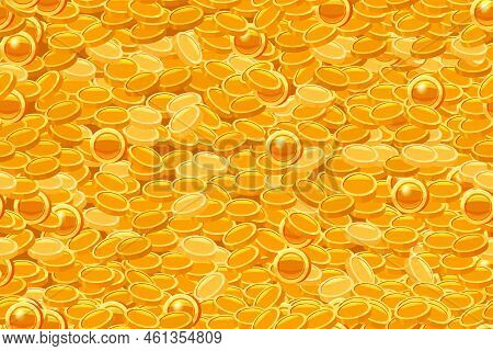 Seamless Pattern Gold Coin Background, Pile Of Gold Coins Treasure Top View. Vector Illustration Pat