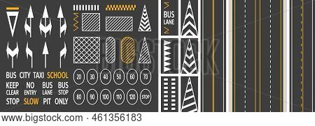 Road Marking. Asphalt Strip Sign Collection, City Street Line Highway Traffic Empty Driveway Surface