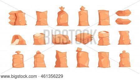 Burlap Sack. Cartoon Bags Full Of Harvest Rice Flour Grain Wheat Sugar Cereal, Brown Sackcloth Mater