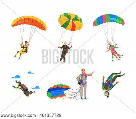 Paratroopers Or Parachutist Free-falling And Descenting With Parachutes Vector Set
