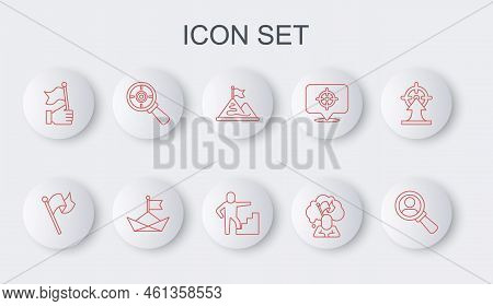 Set Line Magnifying Glass For Search, Flag, Mountains With Flag, Man Holding, Hand, Target Magnifyin