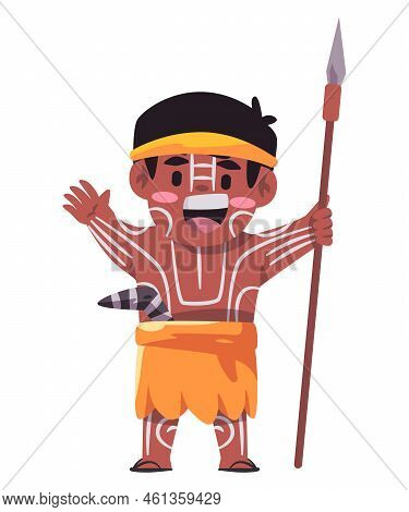 Australian Aboriginal Native Tribe Aborogine Kids With Boomerang And Spear