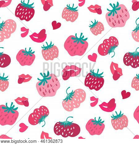 Woman's Mouth With Strawberry Modern  Seamless Pattern With  Pink And Red Lips, Strawberry For Summe