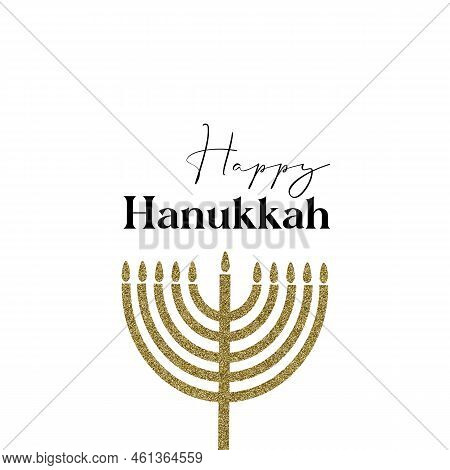 Happy Hanukkah Card Design With Gold Symbol On White Color Background