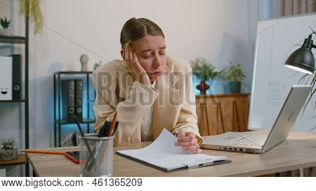 Bored Sleepy Business Woman Worker Working On Laptop Computer, Yawning, Leaning On Hand Falling Asle
