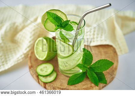 Cucumber, Lime And Mint Lemonade. Refresment Summer Drink, Glass Of Detox Water For Dieting