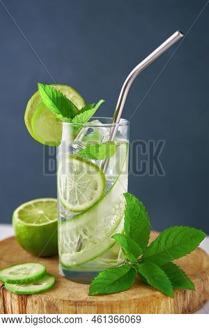 Cucumber, Lime And Mint Lemonade. Refresment Summer Drink, Glass Of Detox Water For Dieting
