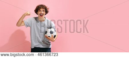 Portrait Of Young Man With Mustache, Football Fan Celebrating Successful Game, Posing Isolated Over 