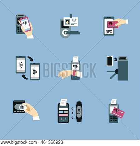 Nfs Icons. Hands Making Cards Payment With Nfs Smart Technology Contactless Devices For Terminal Wal