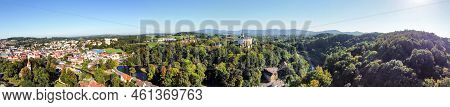 Chateau And Castle Frydlant On Sunny Autumn Day. Frydlant V Cechach, Czech Republic. Aerial Panorami