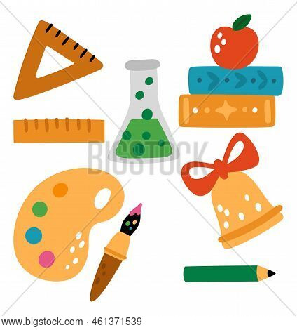School Education Tools. Books And Stationery. Test Tube. Ruler And Pencil. Palette With Paintbrush. 