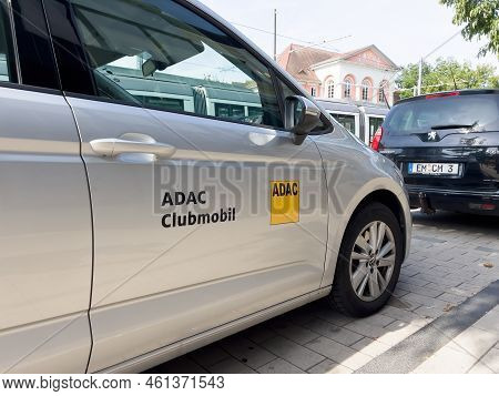 Kehl, Germany - Aug 30, 2022: Close-up Of Adac Clubmobil Logotype On Vw Volkswagen Car Parked In Cit