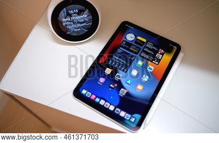 Paris, France - Oct 25, 2021: New Apple Ipad Mini Pro Tablet With Pencil Charging Next To The Amazon