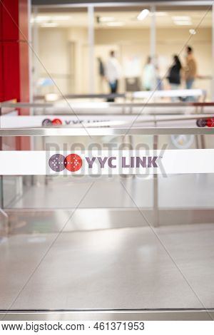 Calgary Alberta Canada, September 08 2022: YYC Link shuttle station sign at the indoor bus stop for 