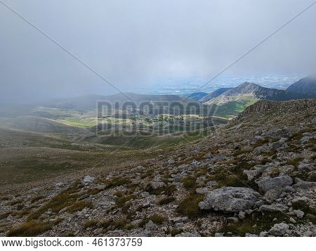 Typical Mountains Landscape With Fog In Abruzzo Italy During Summer Season