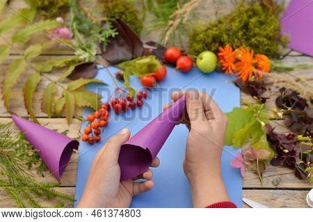 Step By Step Instructions Of Autumnal Application Umbrella With Natural Leaves. Step 4 - Form A Cone