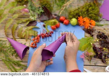 Step By Step Instructions Of Autumnal Application Umbrella With Natural Leaves. Step 4 - Form A Cone
