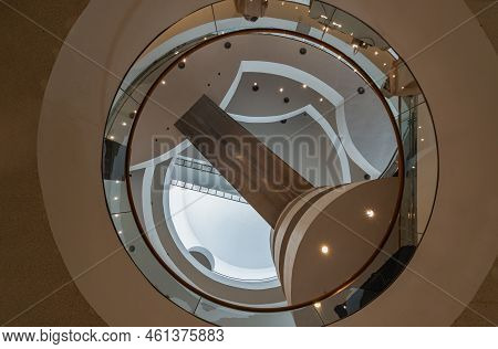 Bangkok, Thailand - 15 May 2022 : A Bottom-up View The Cascading Round Corridors Balcony Of Bangkok 