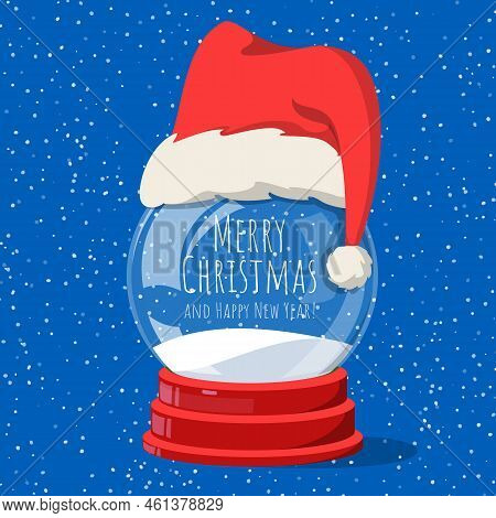 Christmas Snowglobe With Santa Claus Hat. Vector Illustration Of An Empty Snowglobe. Snowdrift, Chri