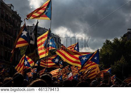Barcelona, Catalonia, Spain - September 11, 2022: Estelada Flags In The Manifestation Of The Nationa