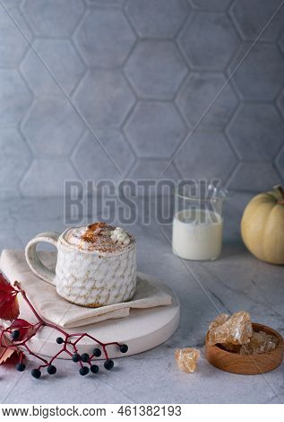 Beautiful Cup Of Coffee On Wooden Table With Chocolate Cookies. Pastel Tone. Vertical