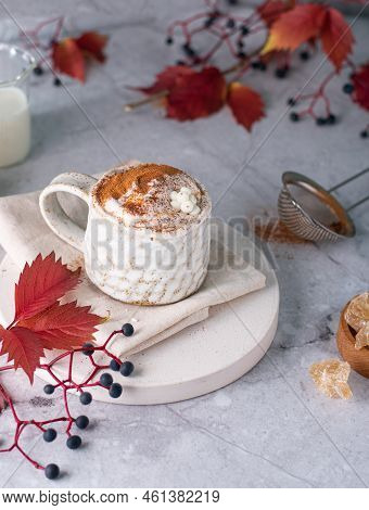 Pumpkin Latte With Spices. Boozy Cocktail With Whipped Cream. Light Background. Vertical