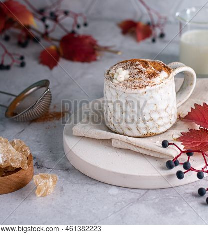 Pumpkin Latte With Spices. Boozy Cocktail With Whipped Cream. Light Background. Vertical