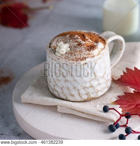 Beautiful Cup Of Coffee On Wooden Table With Chocolate Cookies. Pastel Tone. Vertical