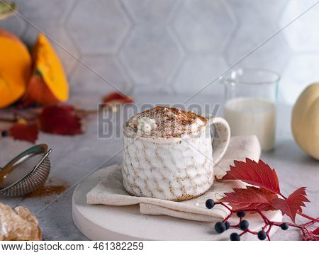 Beautiful Cup Of Coffee On Wooden Table With Chocolate Cookies. Pastel Tone. Vertical
