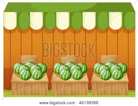 Illustration av en butik av vattenmeloner med tomma skivor på en vit bakgrund